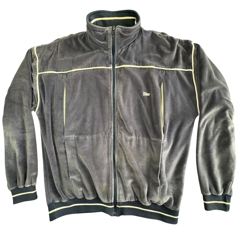 Vintage Christian Dior Velour Track Jacket Mens L Blue Gray Full Zip Luxury